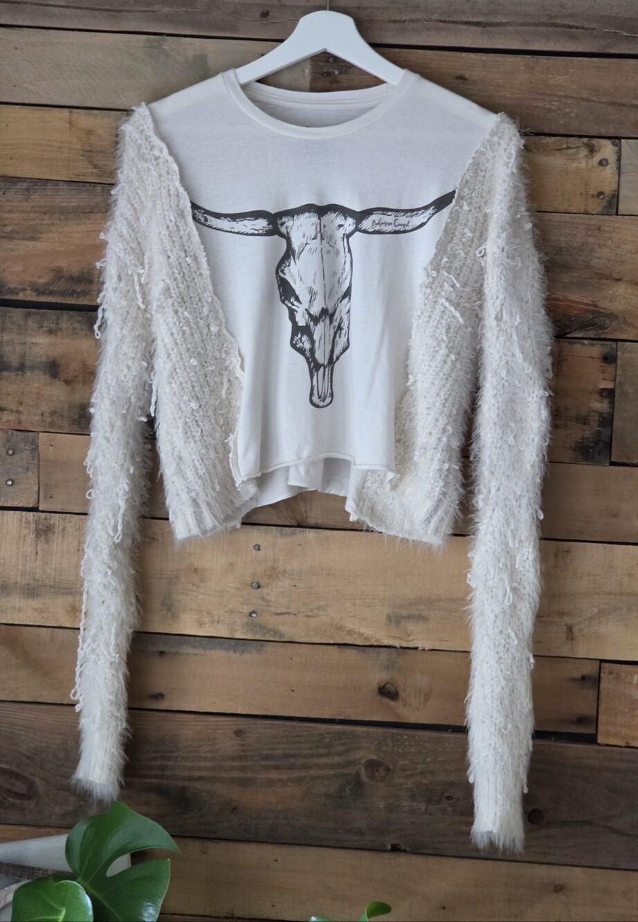 Upcycled Shaggy Cropped Cardigan with Graphic Tee - Cream